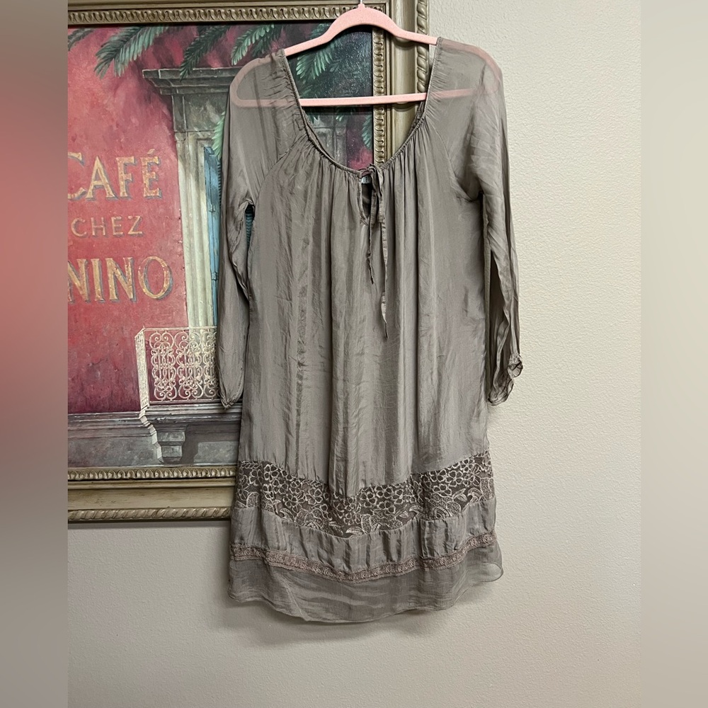 Nicole Taupe Silk Lace Trimmed Peasant Dress